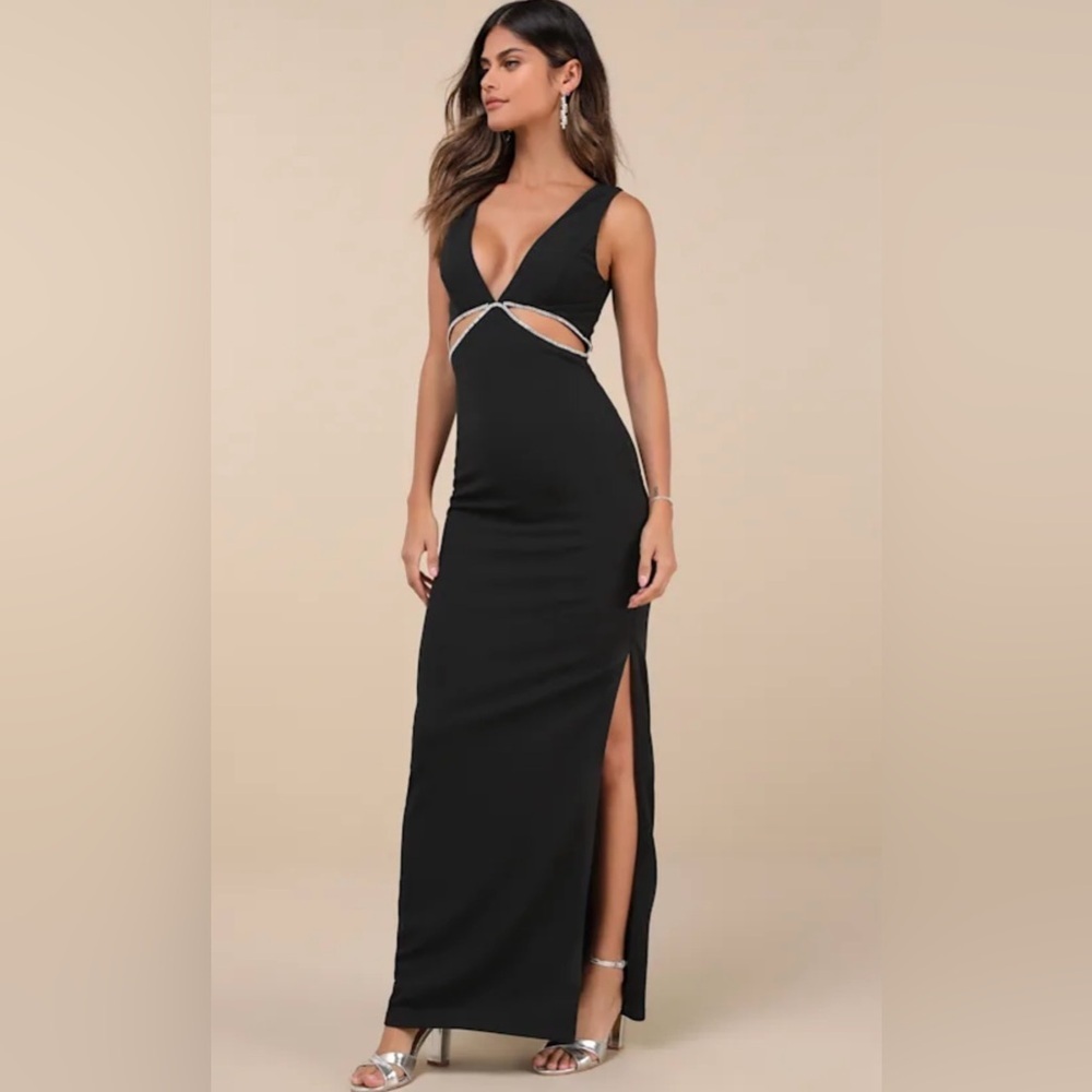 Lulu's Black Sleeveless V-Neck Maxi Formal Dress Rhinestone Cutout Small